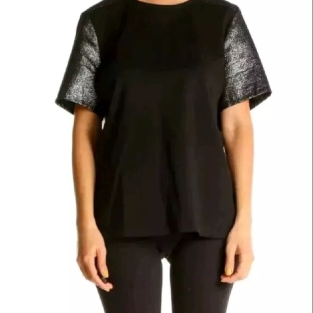 J Crew Factory Black Blouse Shirt Shimmer Silver Sleeve Women Size XXL N…